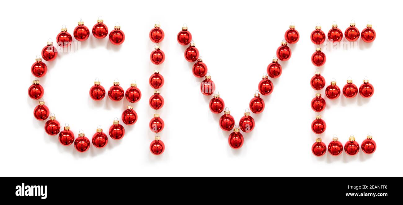 Red Christmas Ball Ornament Building Word Give Stock Photo