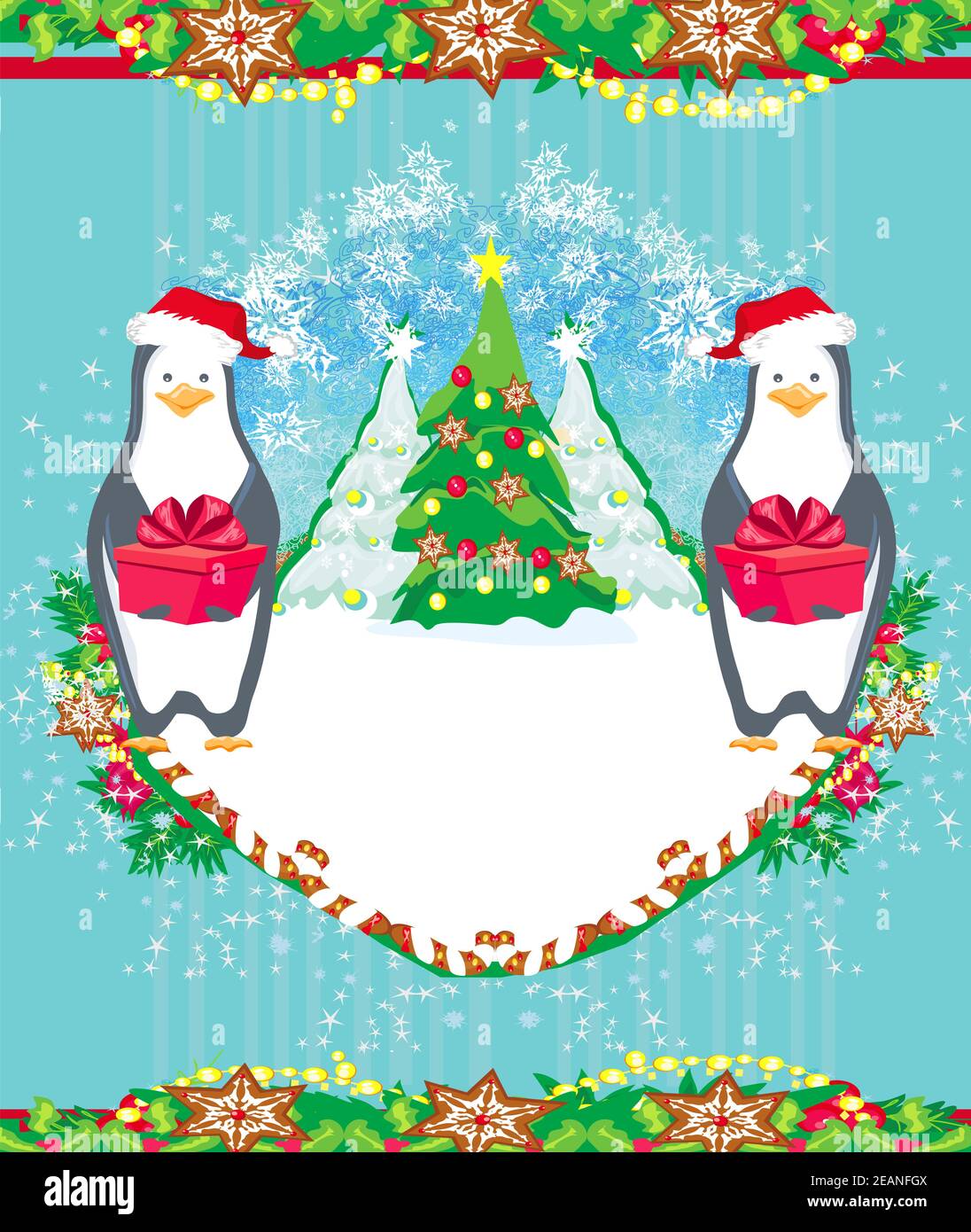 Biglietto Di Auguri Di Buon Natale Con Simpatico Pinguino Nel Bosco Illustrazione Vettoriale
