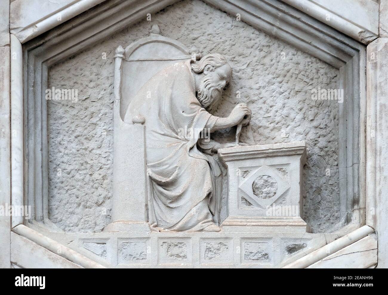Allegory of architecture from the workshop of Pisano, Relief on Giotto Campanile of Cattedrale di Santa Maria del Fiore (Cathedral of Saint Mary of the Flower), Florence, Italy Stock Photo