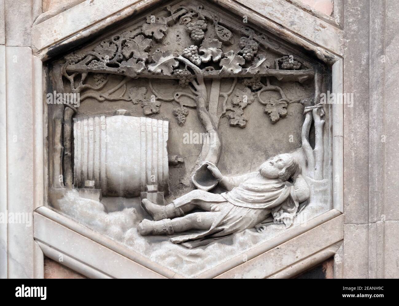 Noah by Collaborator of Andrea Pisano, 1334-36., Relief on Giotto Campanile of Cattedrale di Santa Maria del Fiore (Cathedral of Saint Mary of the Flower), Florence, Italy Stock Photo
