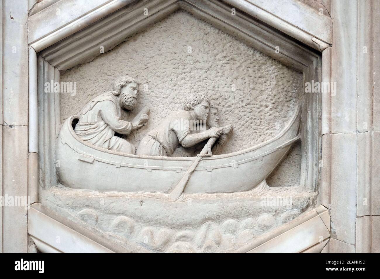 Allegory of navigation from the workshop of Andrea Pisano, Relief on Giotto Campanile of Cattedrale di Santa Maria del Fiore (Cathedral of Saint Mary of the Flower), Florence, Italy Stock Photo