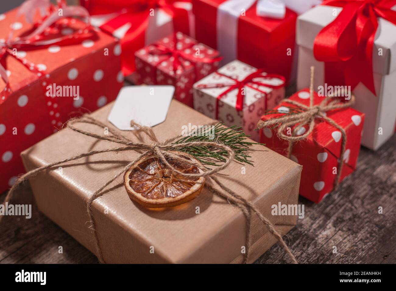 Handmade wrapped christmas gift boxes on celebrate background Stock
