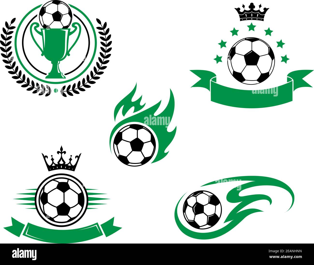 Football and soccer emblem or logo with ball, cup, laurel wreath ribbon ...