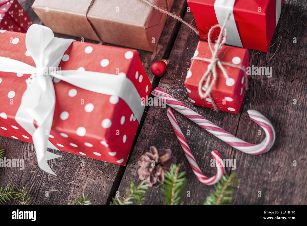 Handmade wrapped christmas gift boxes on celebrate background Stock
