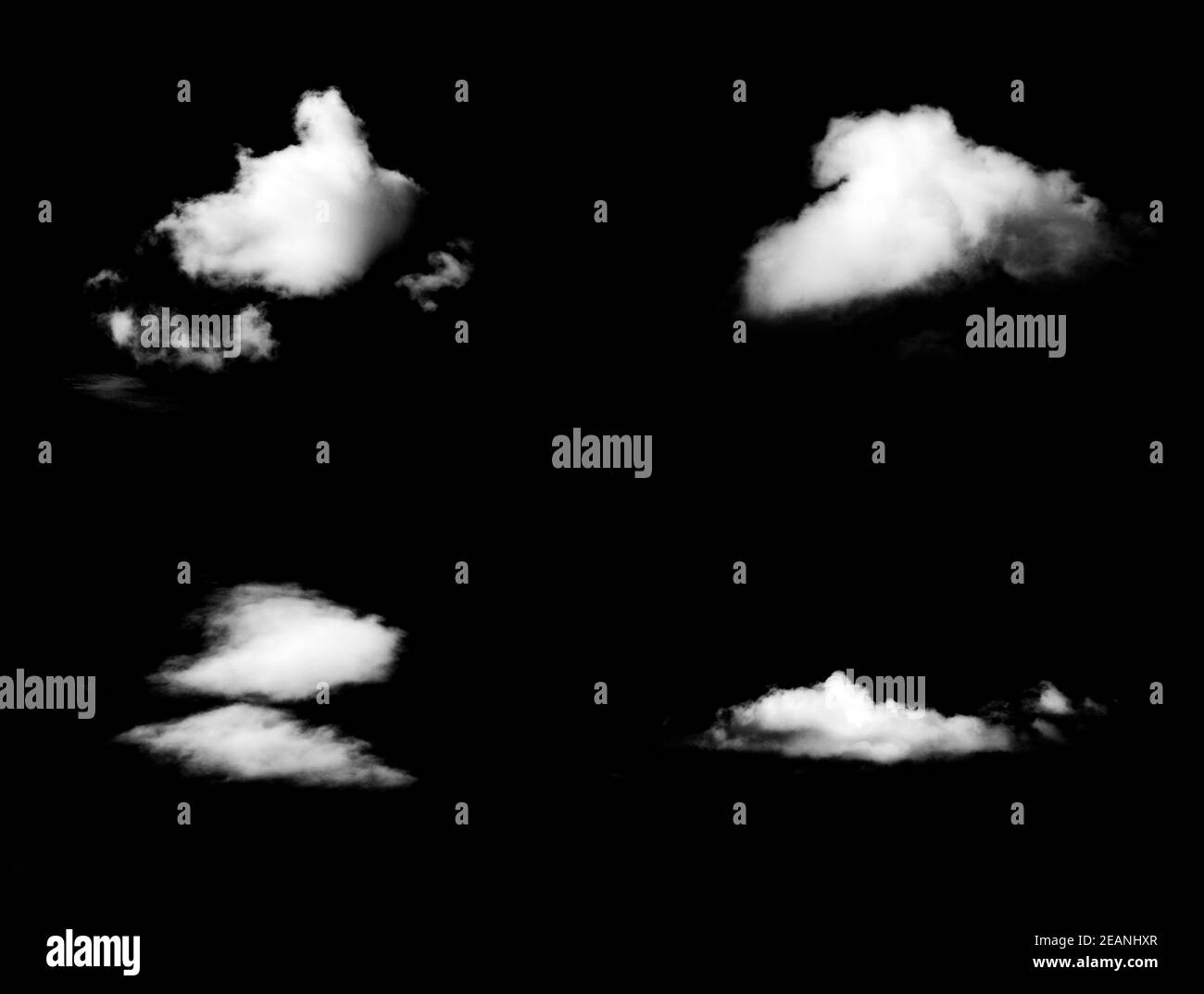 Set of isolated white clouds against black background Stock Photo - Alamy