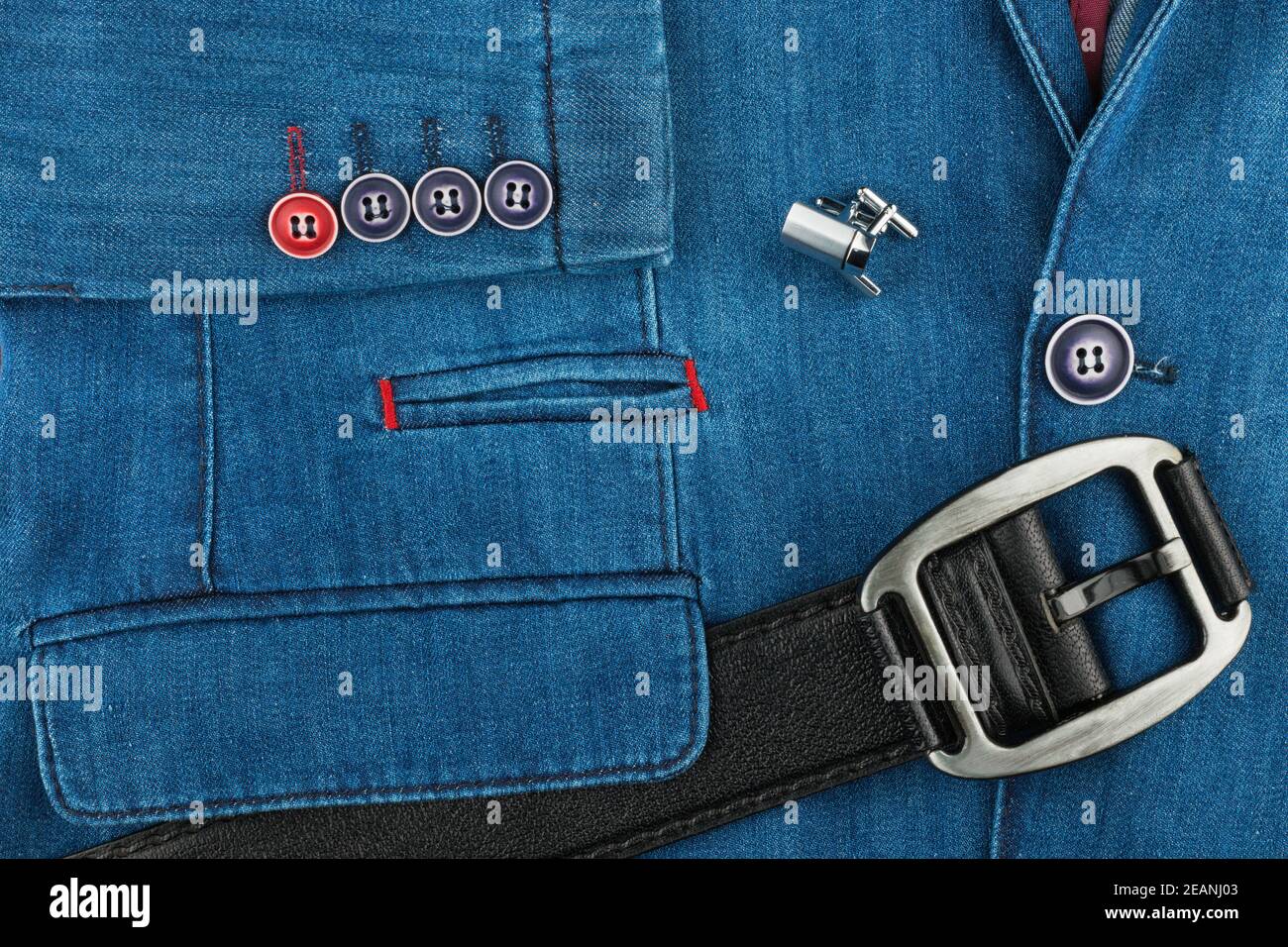 Denim suit, black leather belt and cufflinks Stock Photo