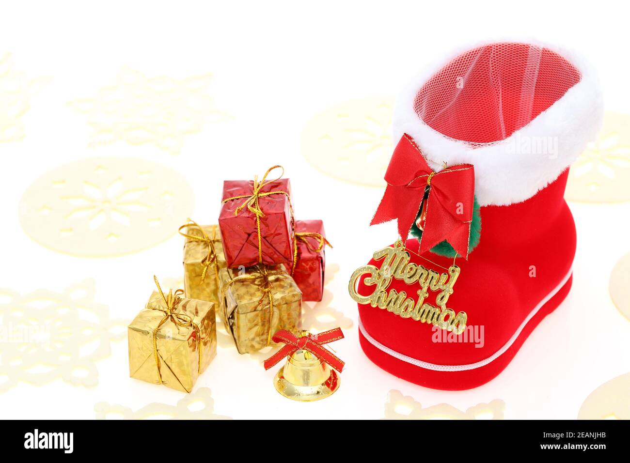Red Santa's boot with copyspace isolated on white background Stock Photo