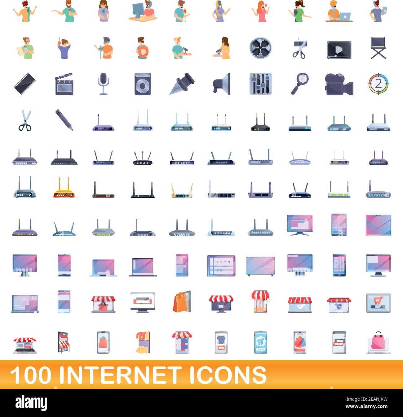 100 internet icons set. Cartoon illustration of 100 internet icons ...