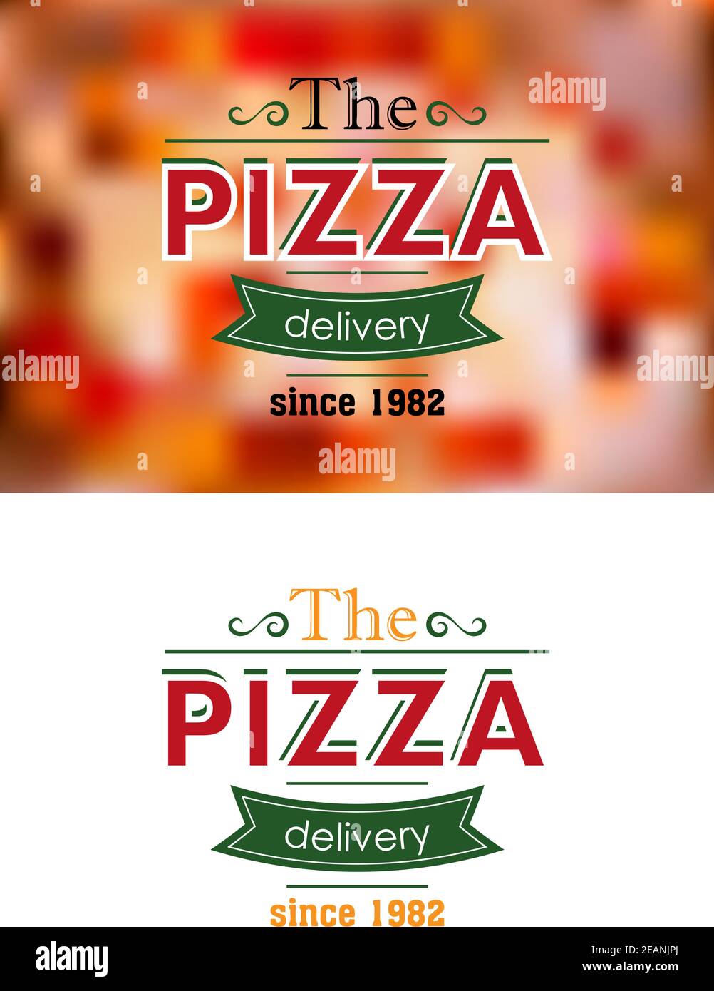 Delivery since 1982 retro pizza label or banner on colored and white background for cafe, restaurant or fast food menu design Stock Vector