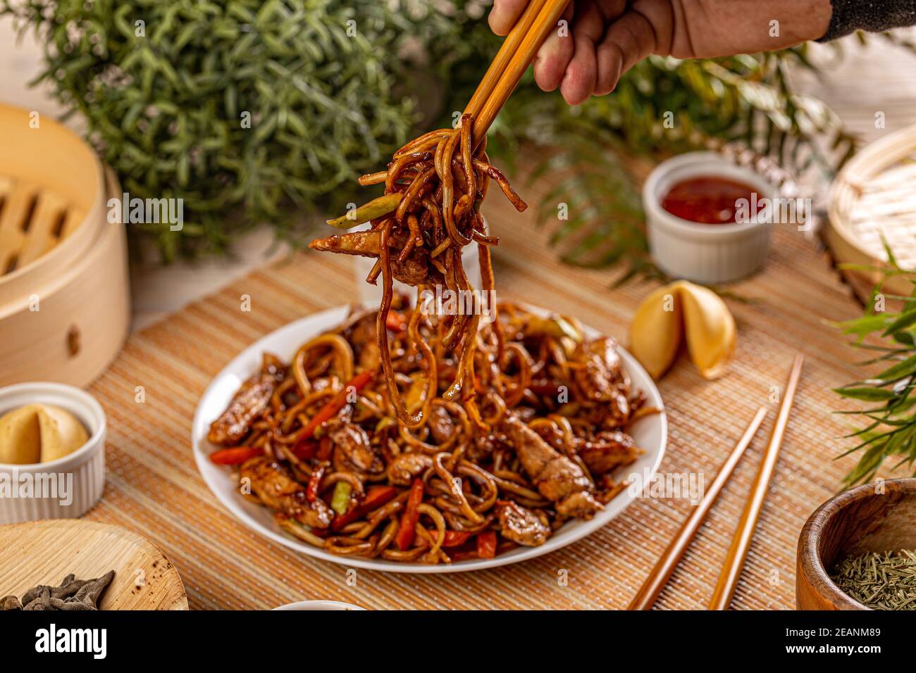 Chicken chow mein meal Stock Photo