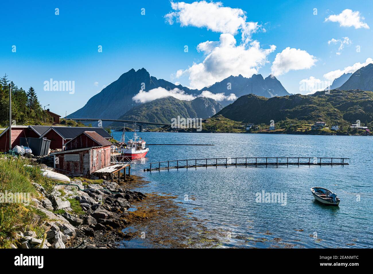Little fishing hamlets along a fjord, Lofoten, Nordland, Norway, Scandinavia, Europe Stock Photo