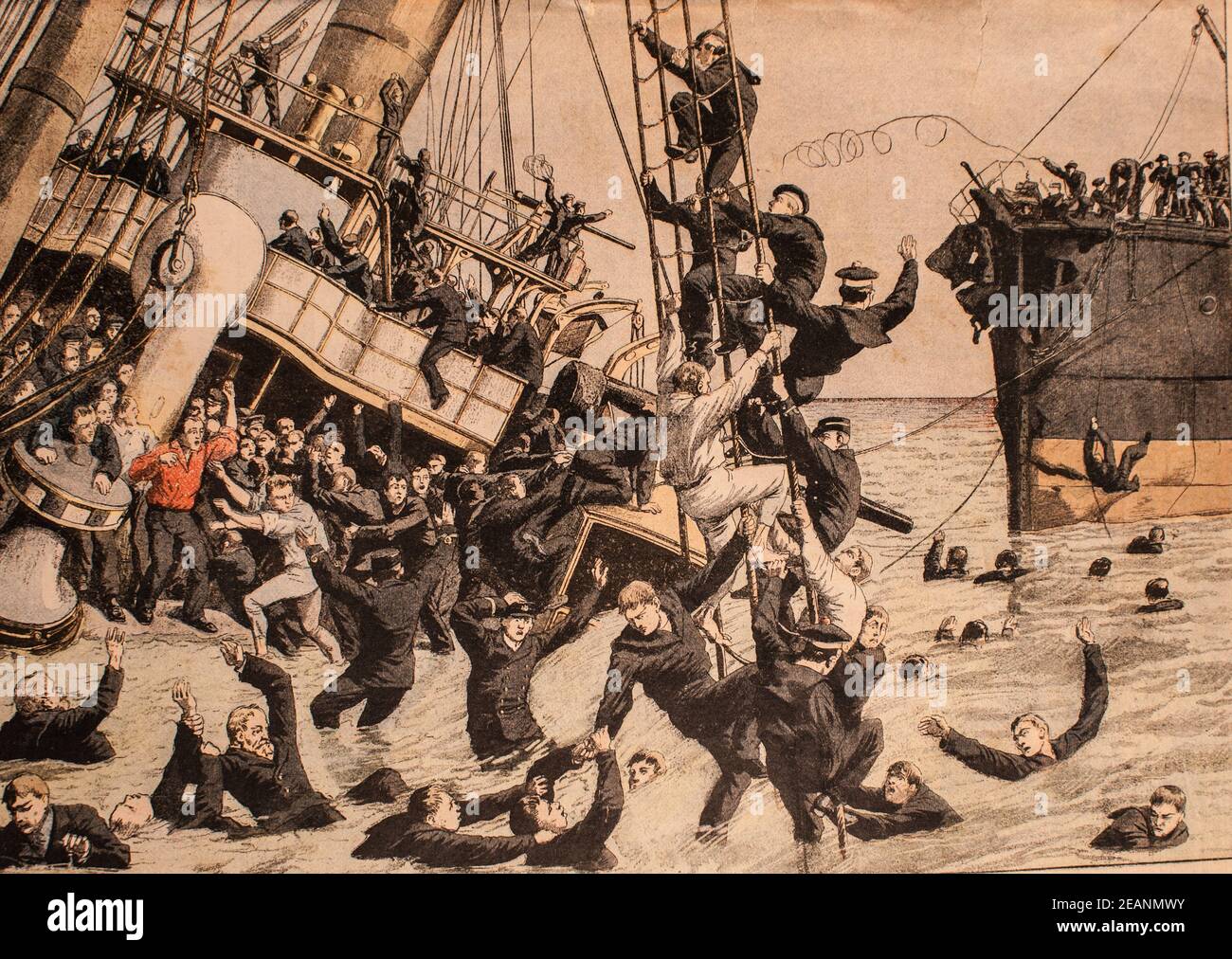 collision entre un vaisseau ecole danois georg-stage et le vapeur anglais ancona, editeur le petit journal 1897 Stock Photo