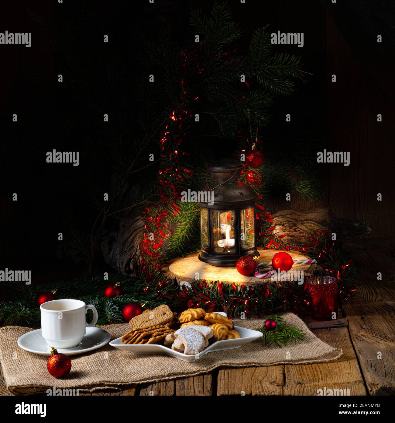Different types of biscuits with rustic Christmas decorations Stock Photo