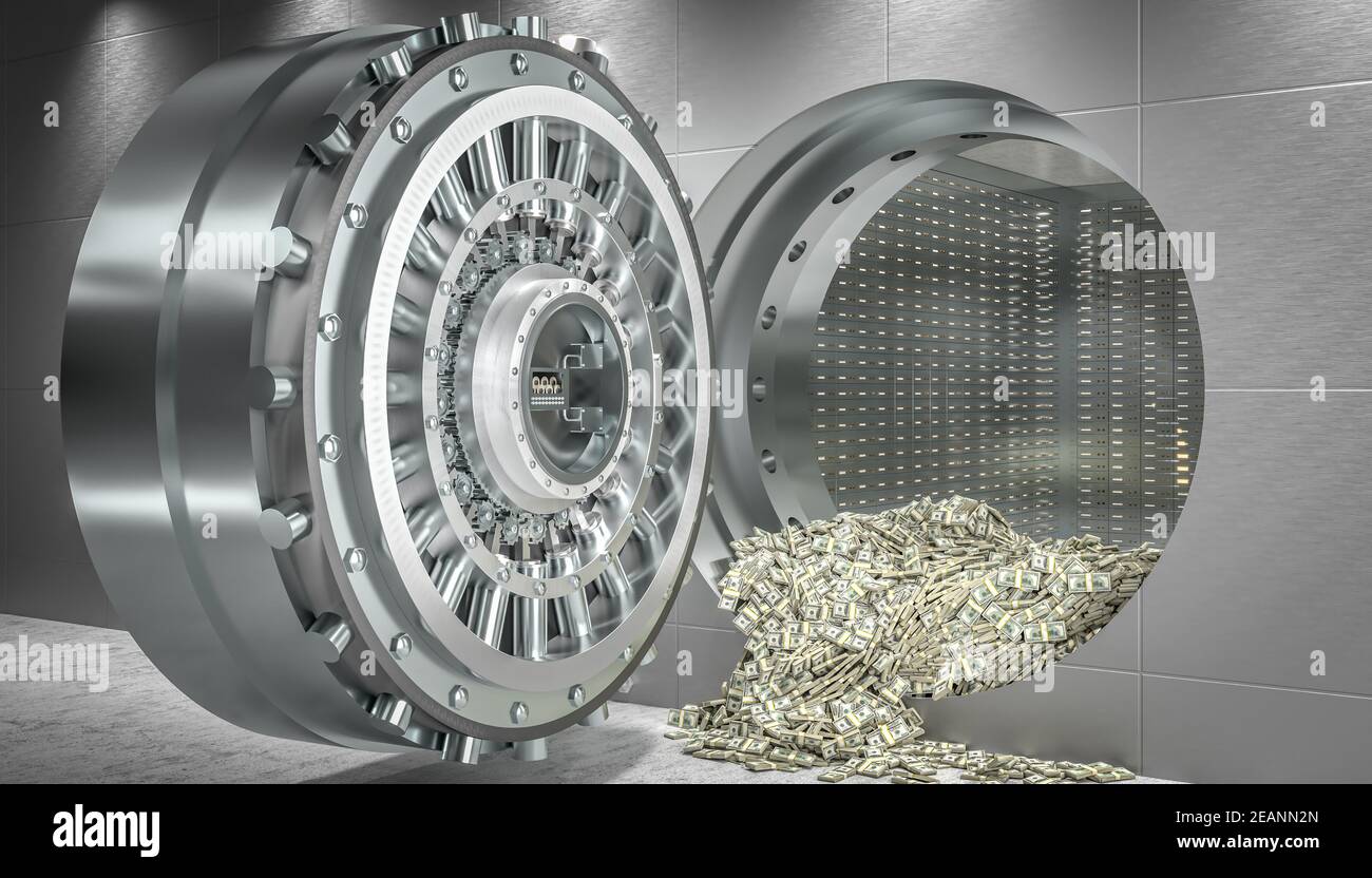 open vault door and money dollars coming out. Stock Photo