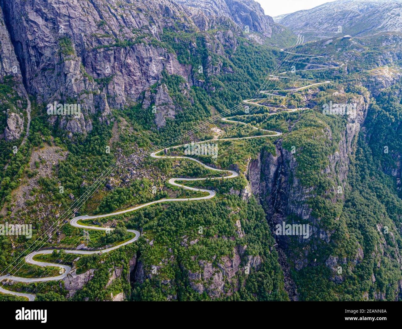 Zigzag road leading down to Lysebodn, at the end of Lystrefjord (Lysefjord), Rogaland, Norway, Scandinavia, Europe Stock Photo
