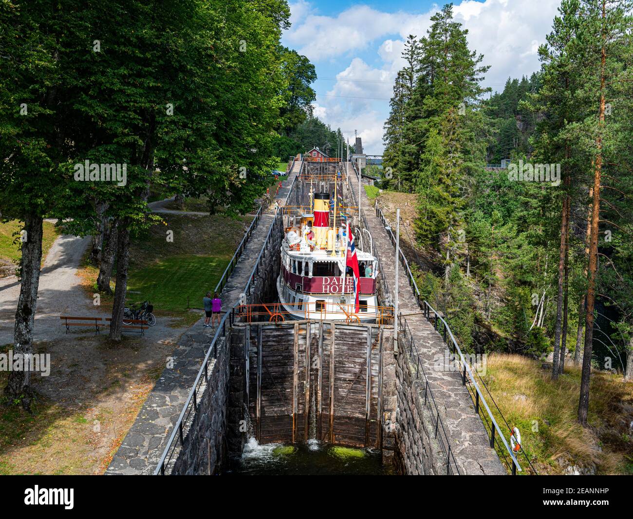 Tourist boat in the Vrangfoss locks, Telemark Canal, Norway, Scandinavia, Europe Stock Photo