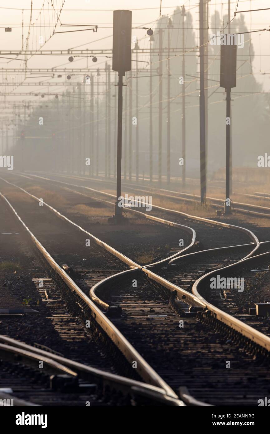 medium-sized railway station in the morning fog, Czech Republic Stock Photo