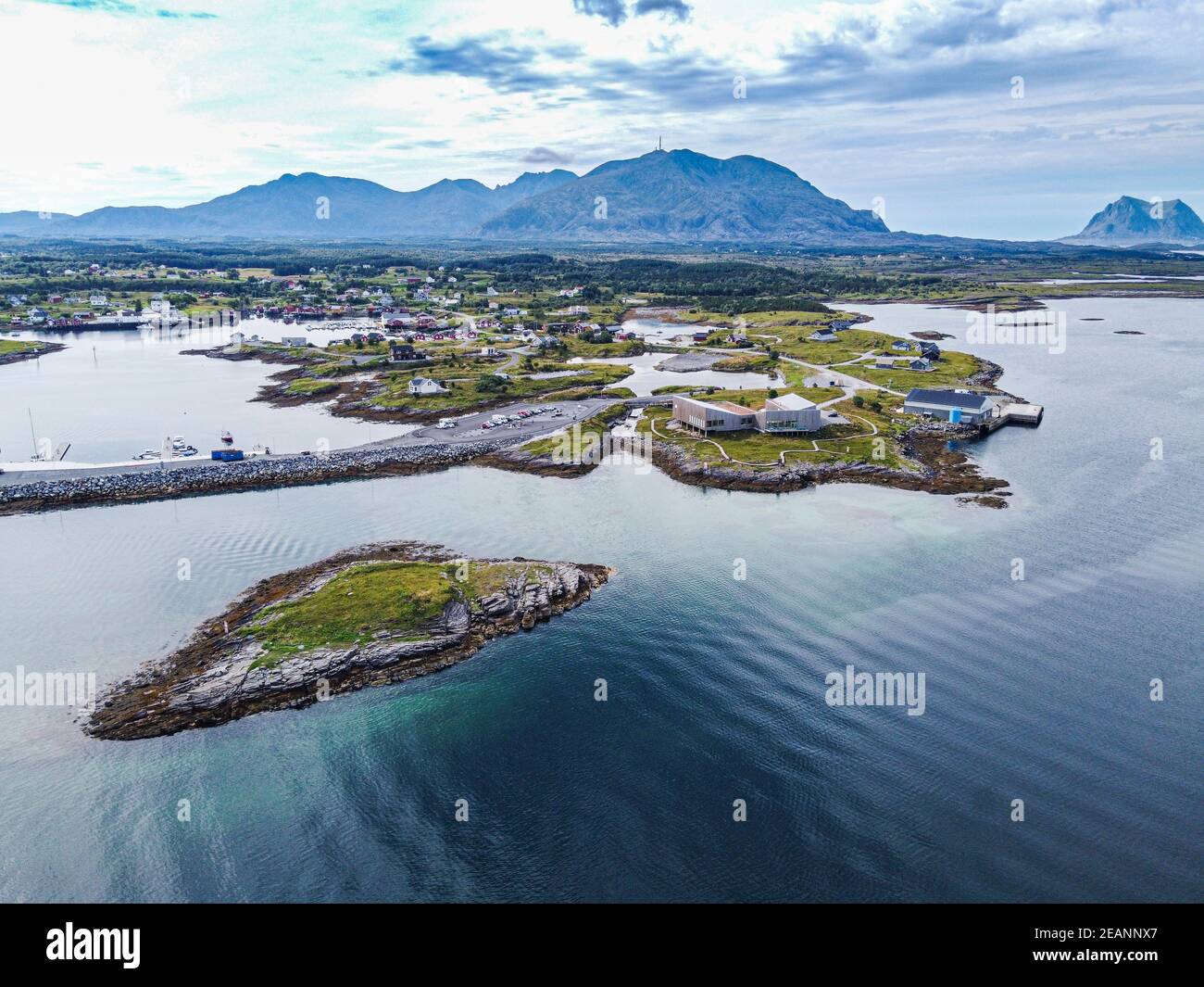 Aerial of the tourist information center, UNESCO World Heritage Site, the Vega Archipelago, Norway, Scandinavia, Europe Stock Photo