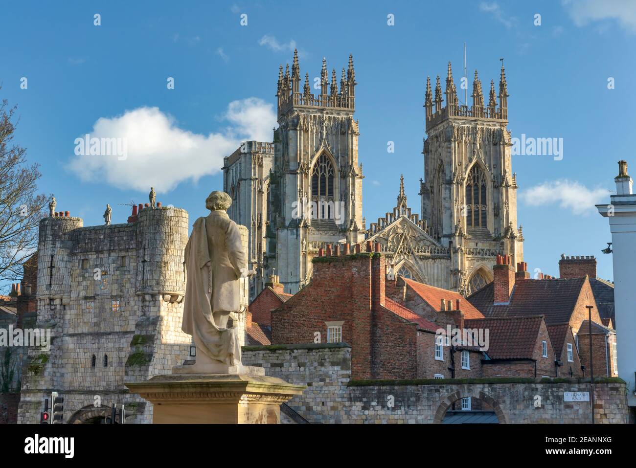 York Minster West Bell Towers and Bootham Bar from St. Leonards Place, York, North Yorkshire, England, United Kingdom, Europe Stock Photo