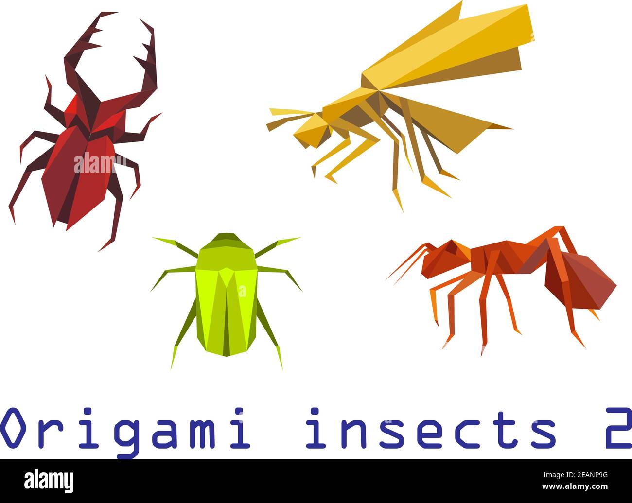 Origami insects set of staghorn, bee, ant and beetle isolated on white background. For educational or wildlife design Stock Vector