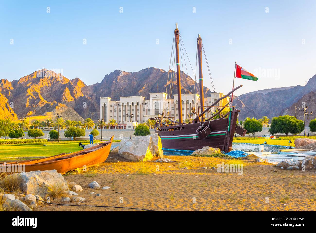 Famous Sohar boat from Omani seafarer Ahmed bin Majid at the Al Bustan Roundabout in Muscat Oman Stock Photo