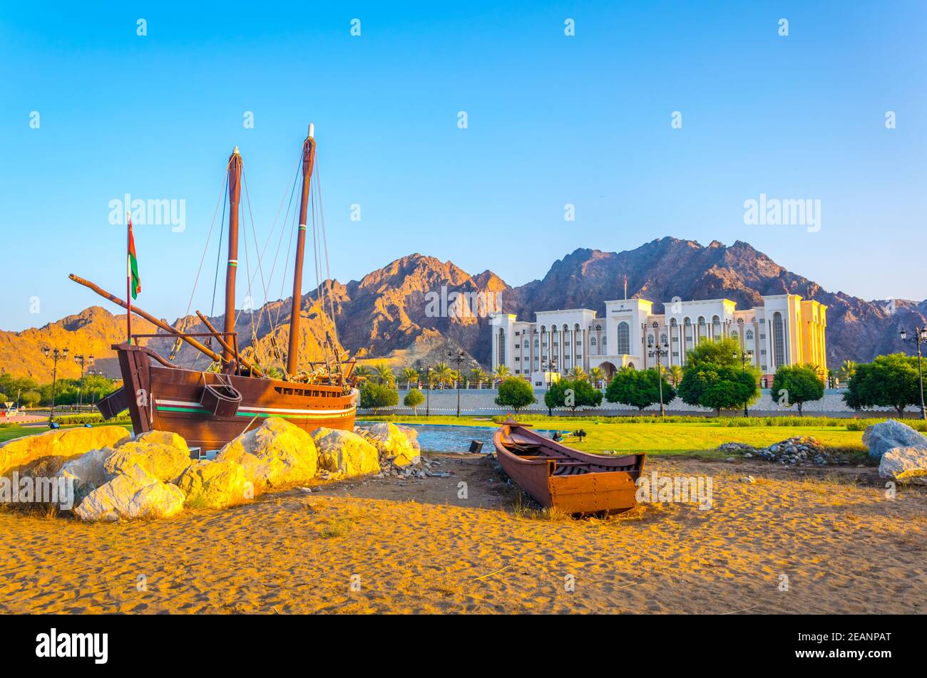 Famous Sohar boat from Omani seafarer Ahmed bin Majid at the Al Bustan Roundabout in Muscat Oman Stock Photo