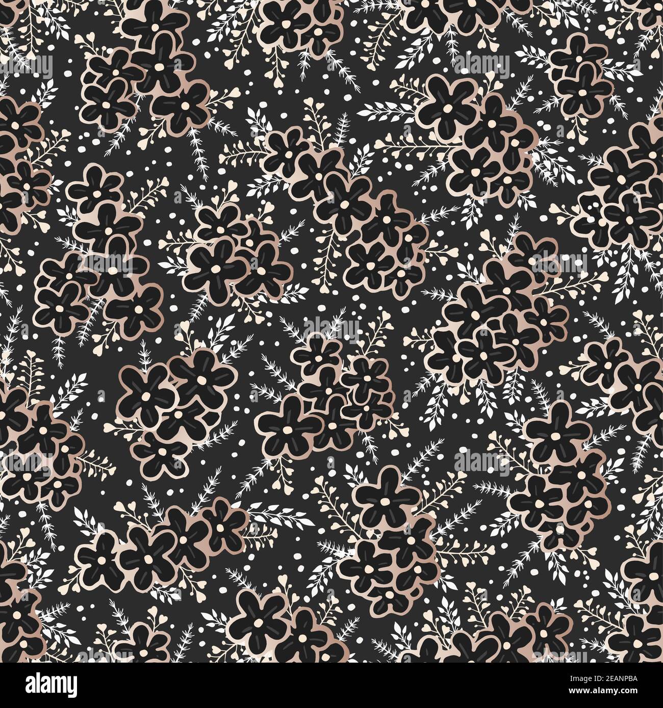 Vector seamless pattern with hand drawn gold flowers. Floral black ...