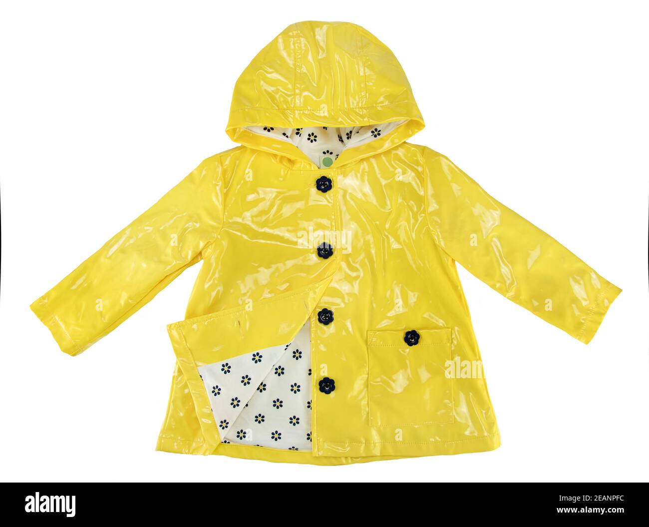 Rain jacket. Girls elegant yellow rain jacket isolated on a white background. Fashion for rain season. Stock Photo