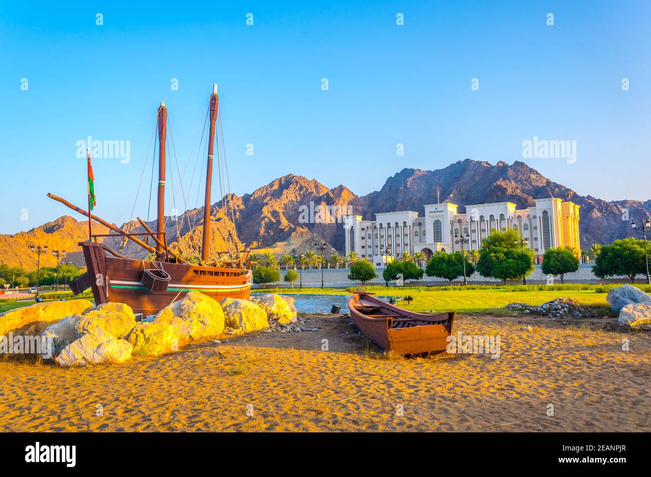 Famous Sohar boat from Omani seafarer Ahmed bin Majid at the Al Bustan Roundabout in Muscat Oman Stock Photo