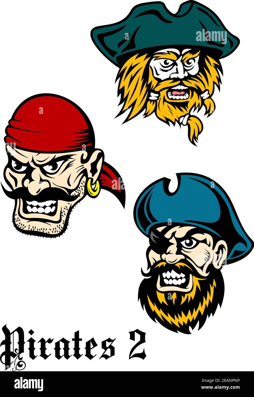 Cartoon brutal pirate captains set with mustaches, beards and hats ...