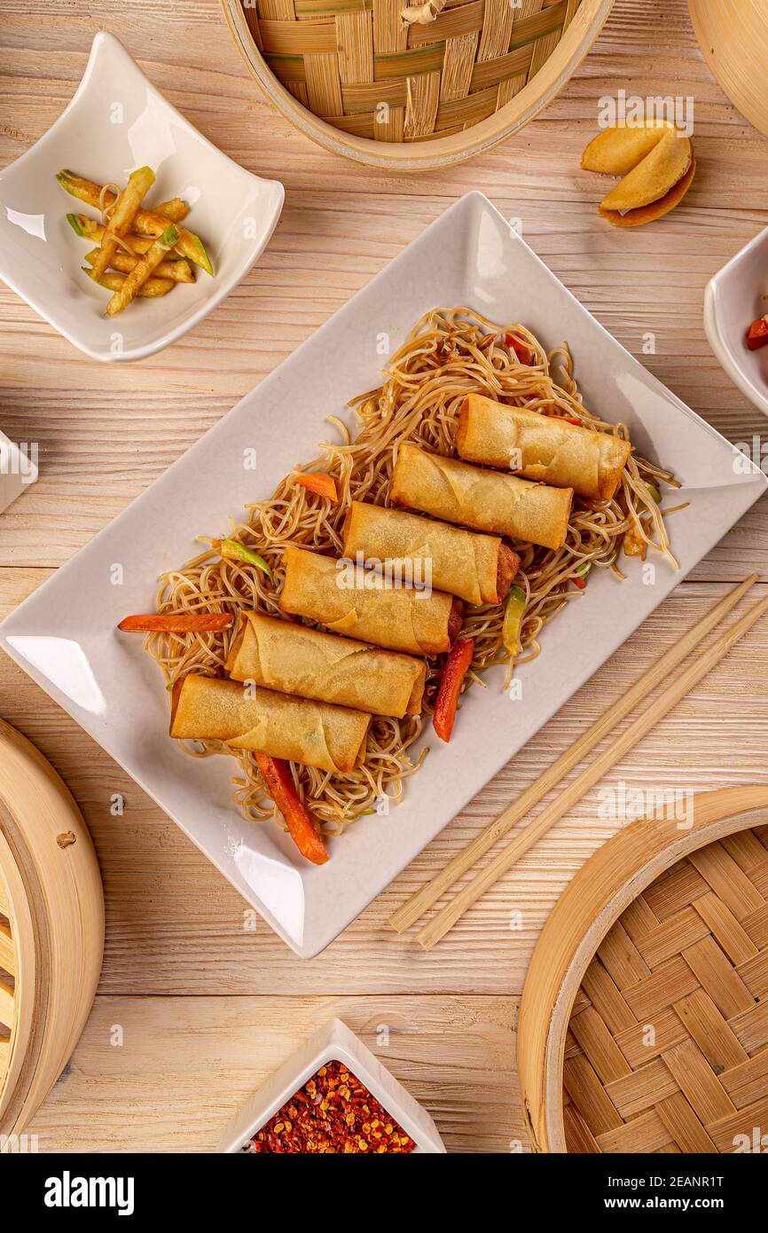 Spring rolls in white dish Stock Photo