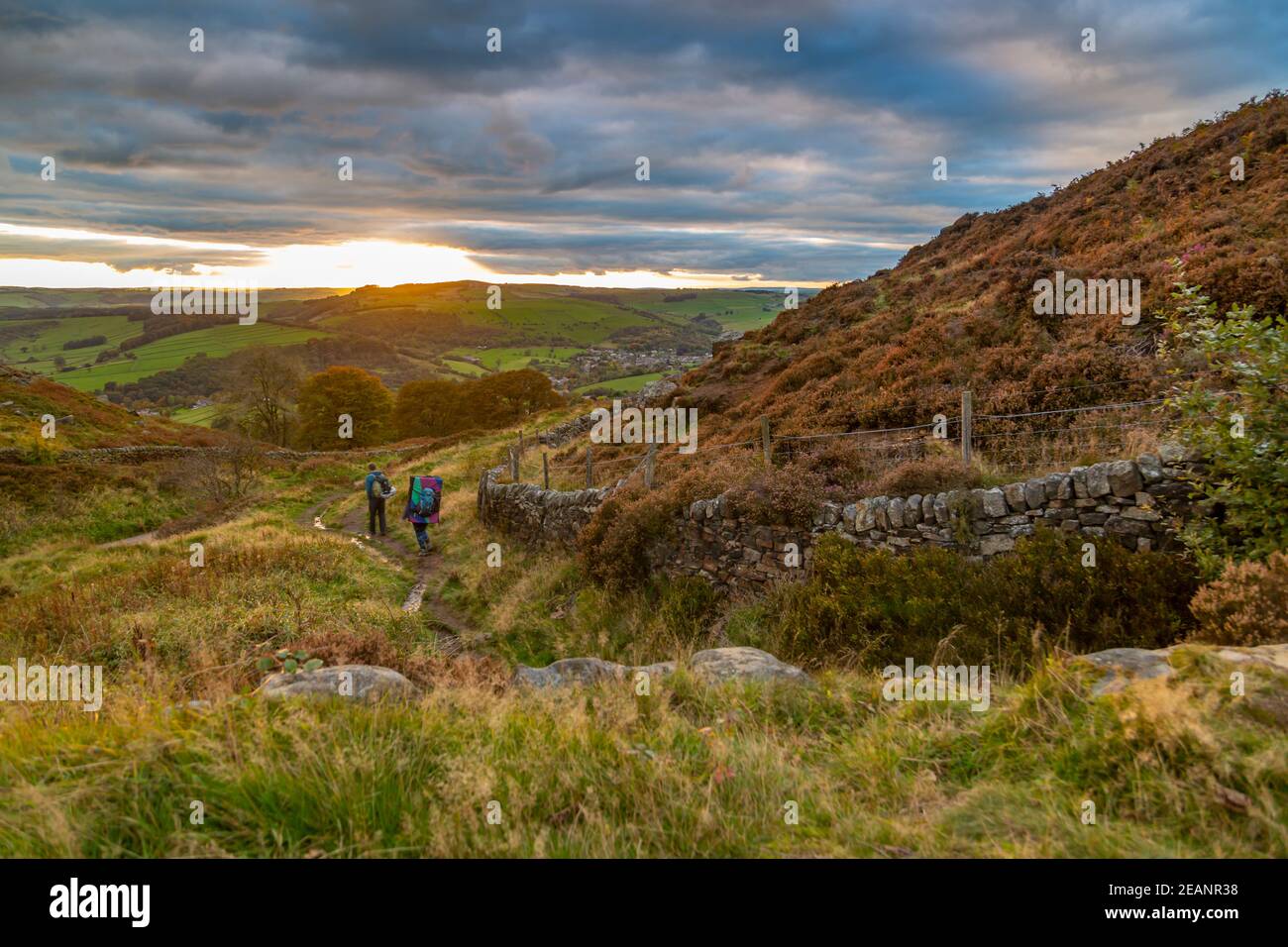View of sunset from Baslow Edge, Derbyshire Peak District, Derbyshire, England, United Kingdom, Europe Stock Photo