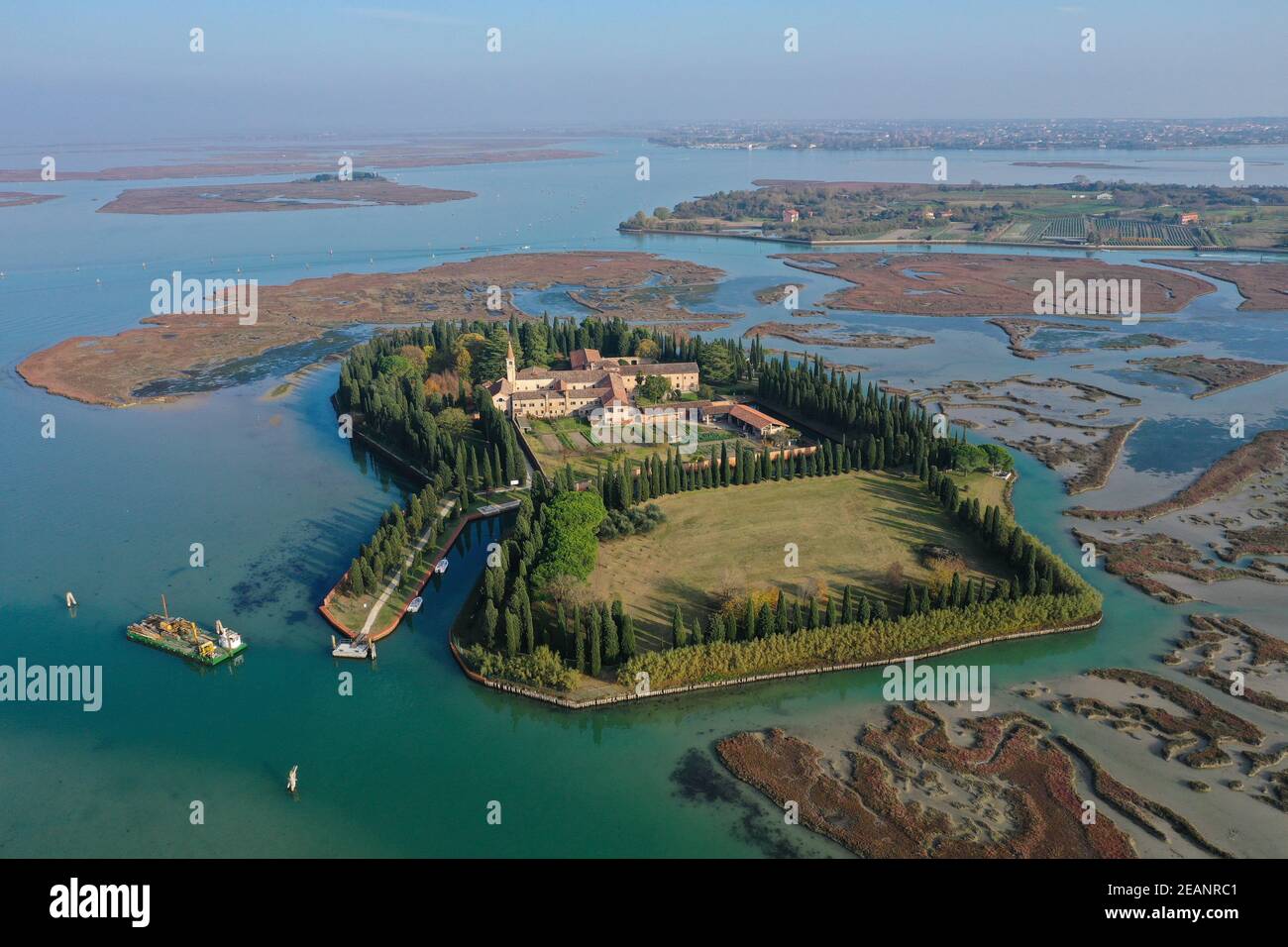 Aerial view of San Francesco del Deserto, Venice Lagoon, Veneto, Italy, Europe Stock Photo