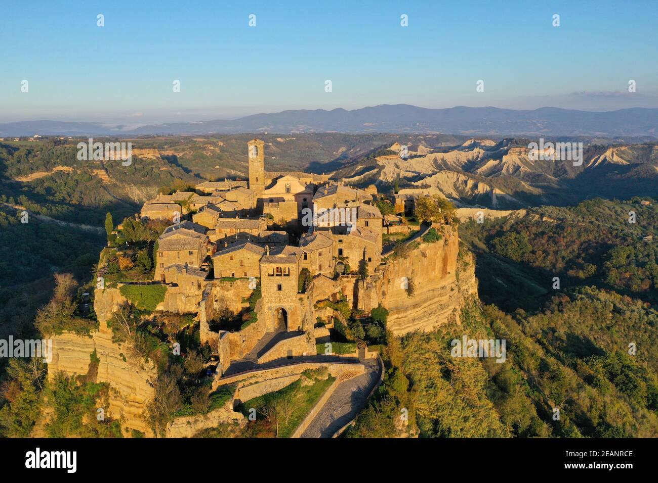 Aerial view by drone of Civita di Bagnoregio village, known as the dying city, Viterbo province, Lazio, Italy, Europe Stock Photo