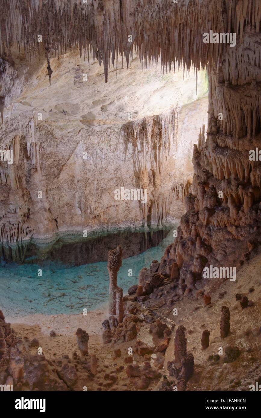 Flooded limestone cave interior with many stalactites and stalagmites and reflections, Drach caves (Cuevas del Drach), Mallorca, Spain Stock Photo