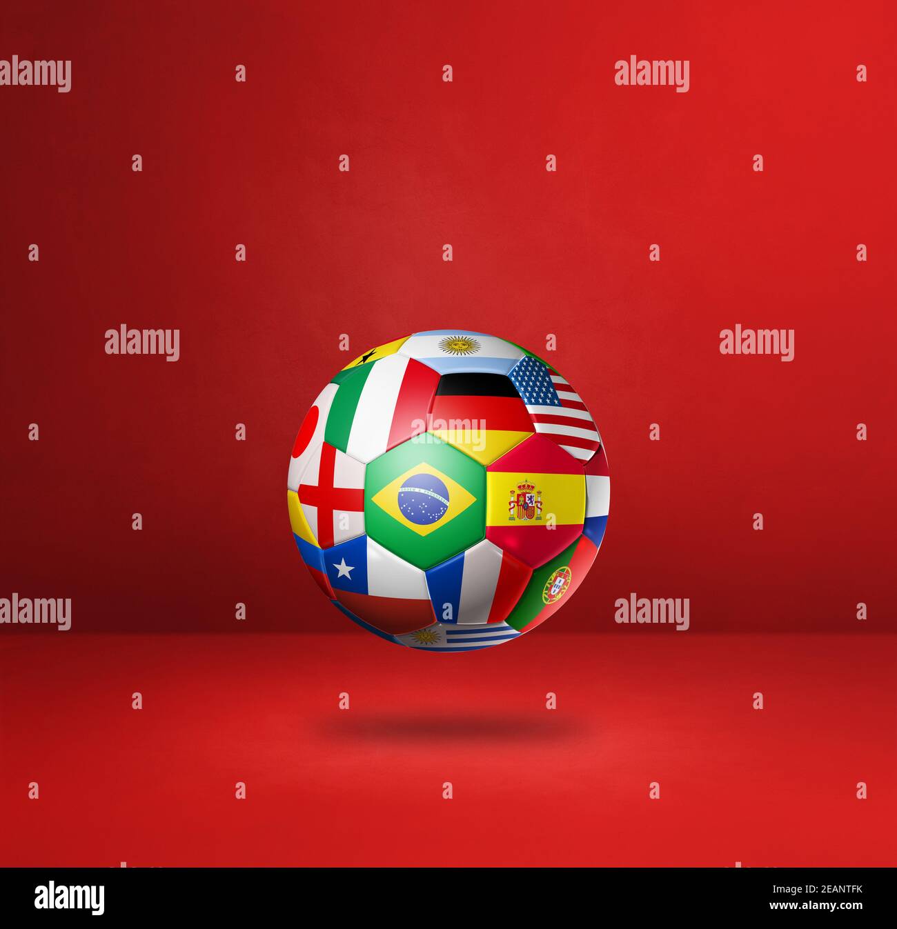 Football soccer ball with national flags on a red studio background Stock Photo