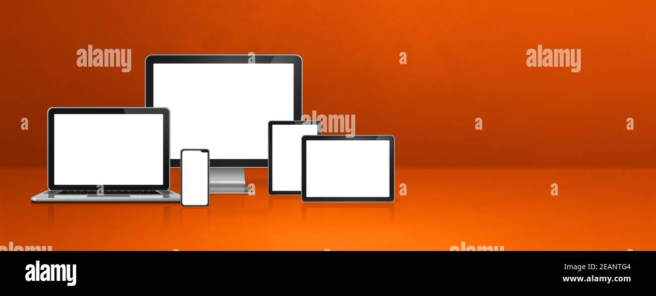 computer, laptop, mobile phone and digital tablet pc. orange banner Stock Photo