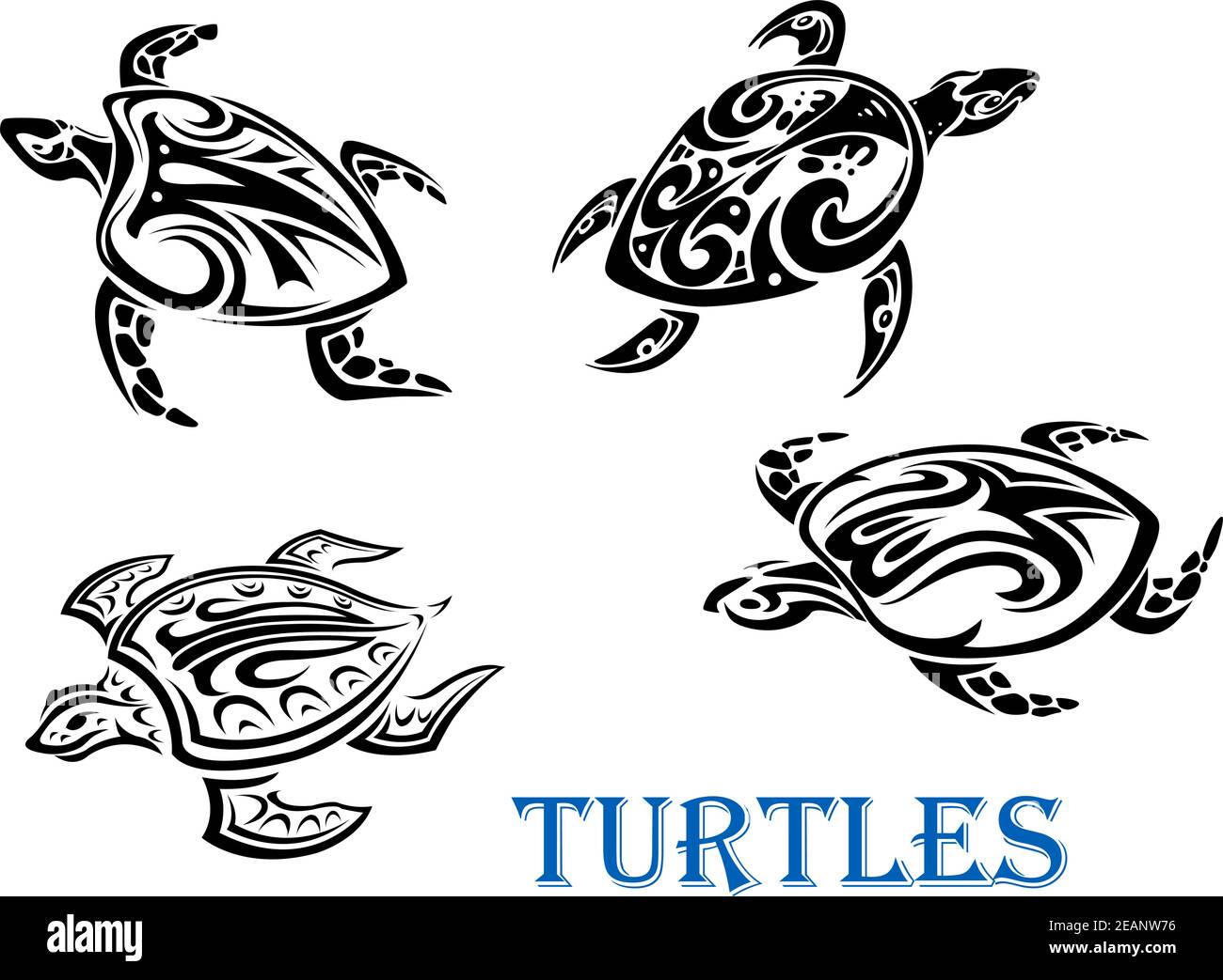 Swimming turtles set in tribal outline style isolated on white ...