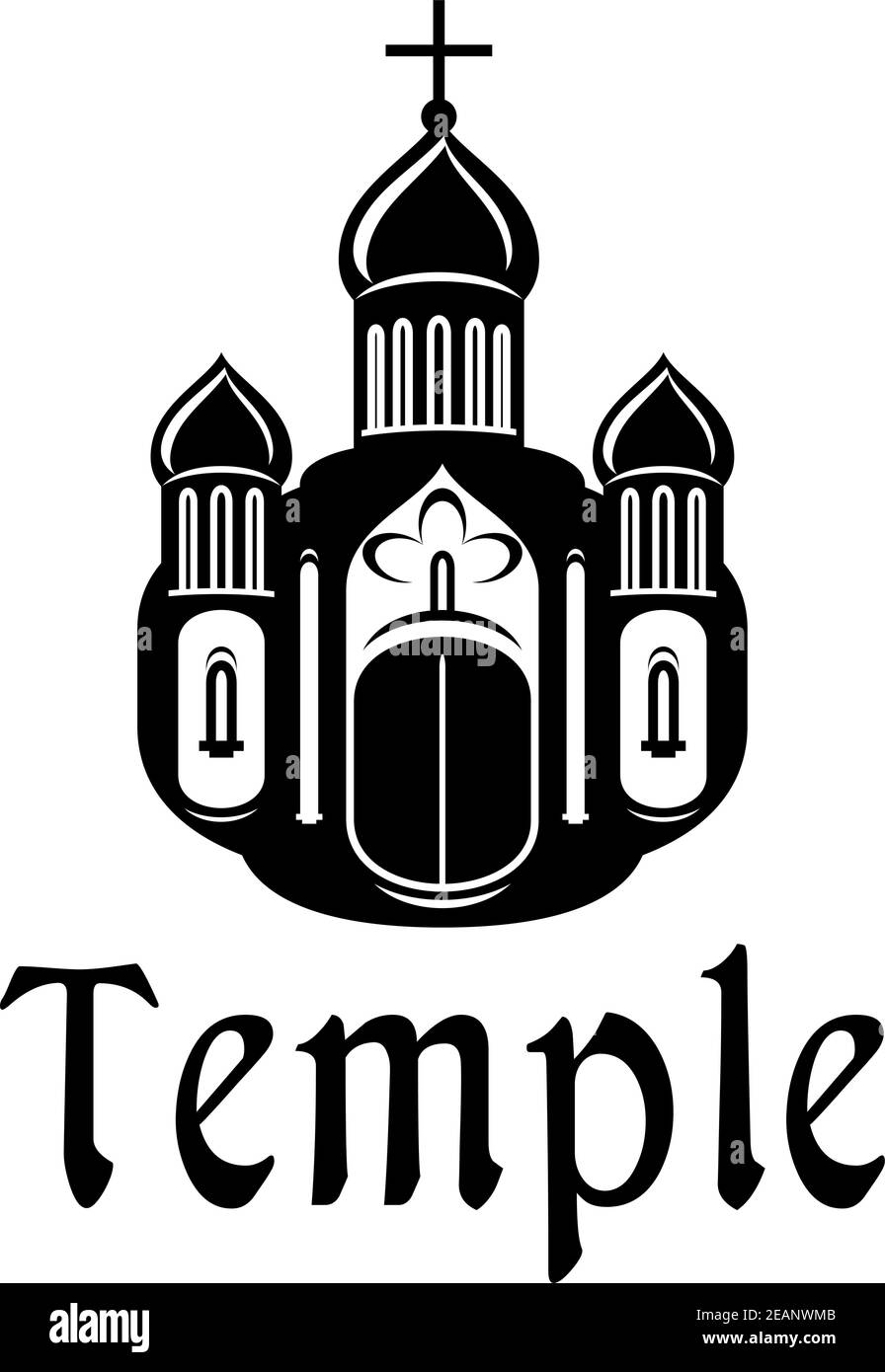 Black and white silhouette temple or church icon with the front facade with three onion domes, windows and the text,  suitable for religious and chris Stock Vector