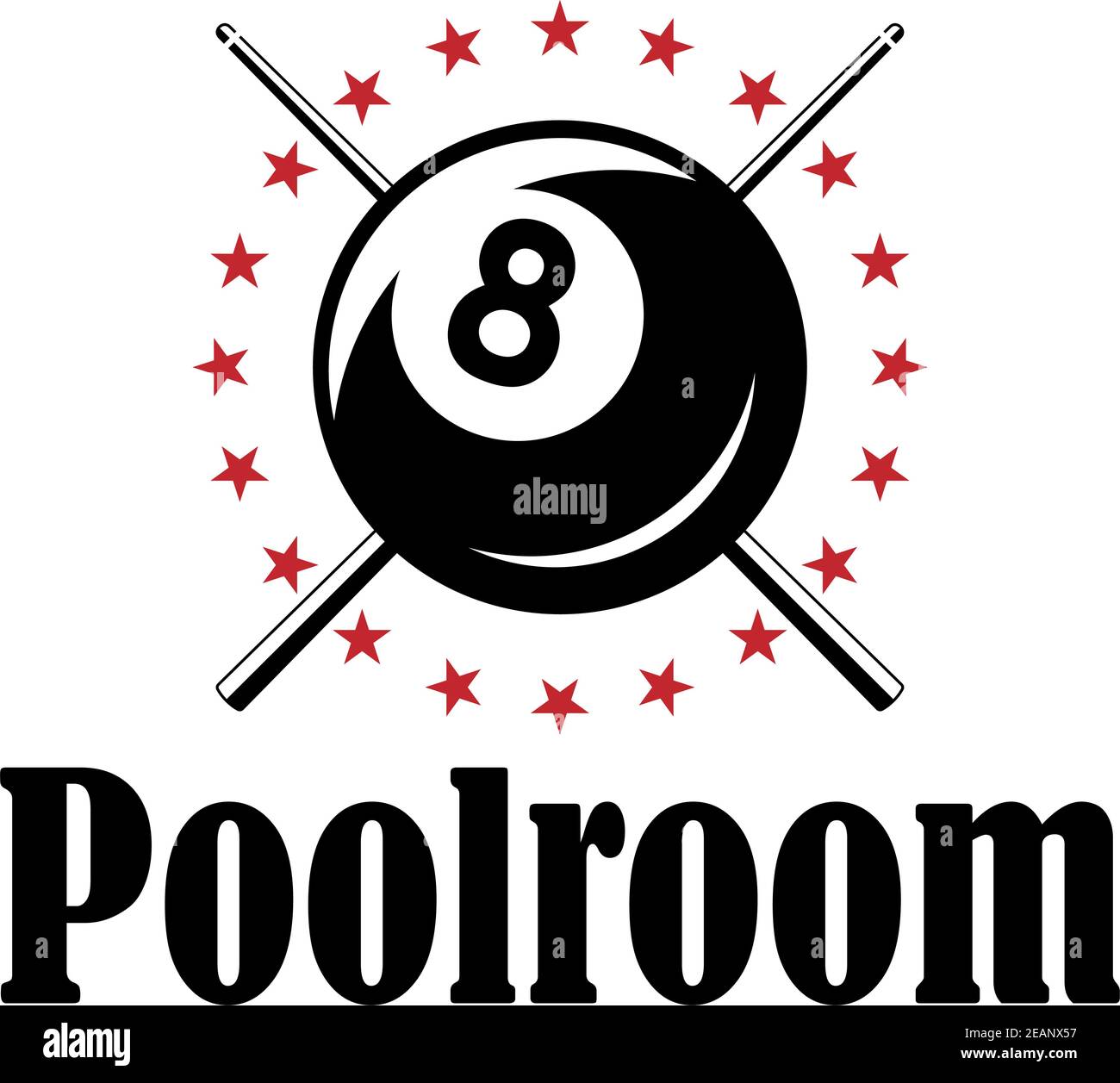 Poolroom or billiards retro emblem with ball, stars and cues for sporting club or tournament design Stock Vector