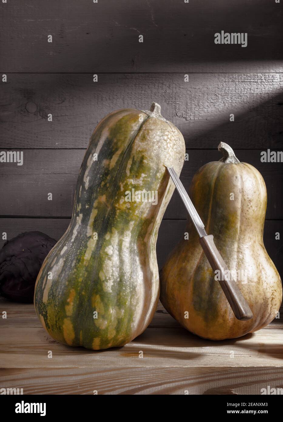 Ripe pumpkins are stored on the shelf Stock Photo