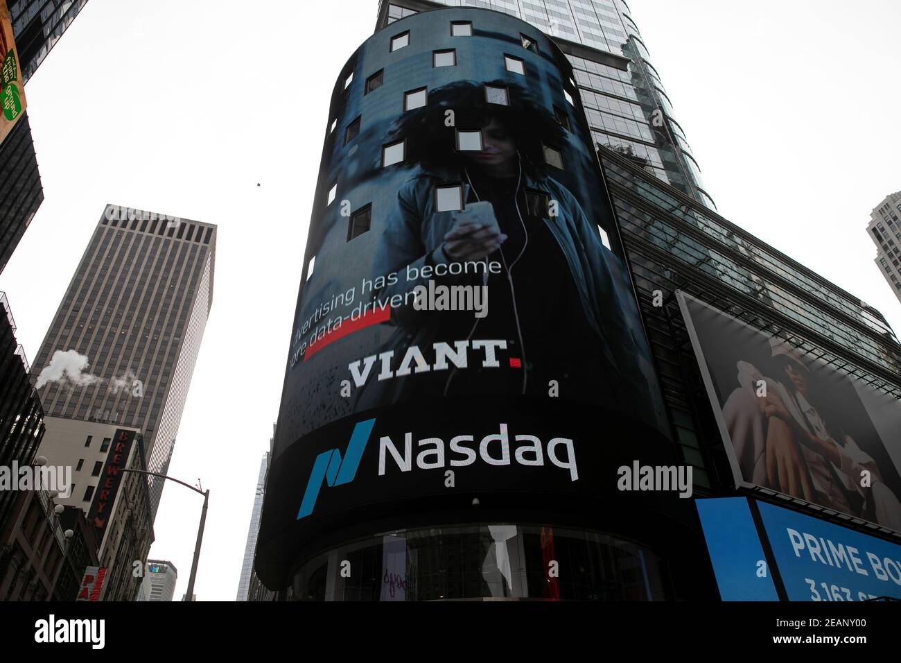 The logo of Viant Technology Inc. (DSP) is pictured on the display outside the Nasdaq MarketSite in Times Square during the company's IPO in New York City, New York, U.S., February 10, 2021. REUTERS/Mike Segar Stock Photo