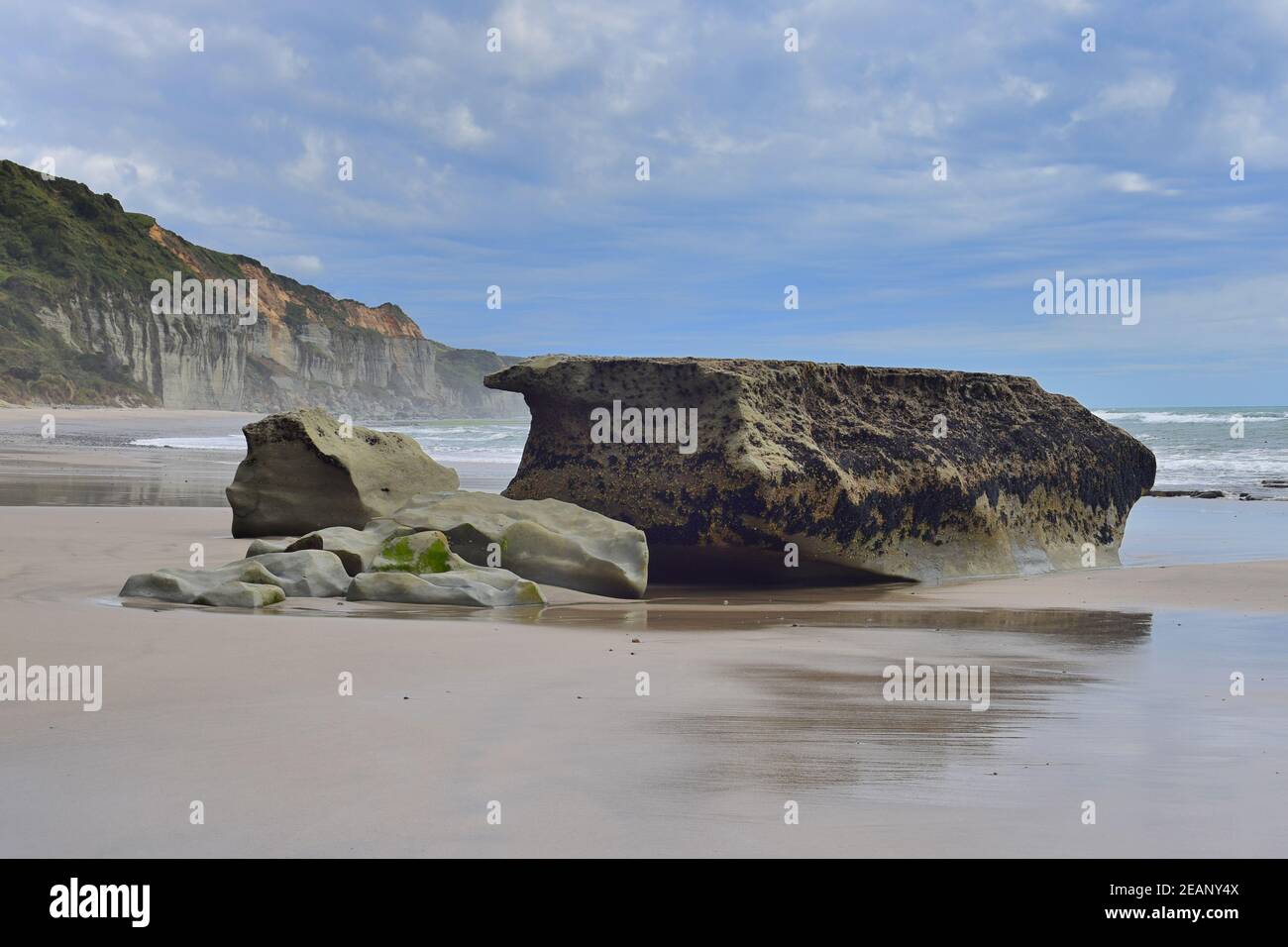 Rock formations on the beach. New Zealand, South Island. Stock Photo