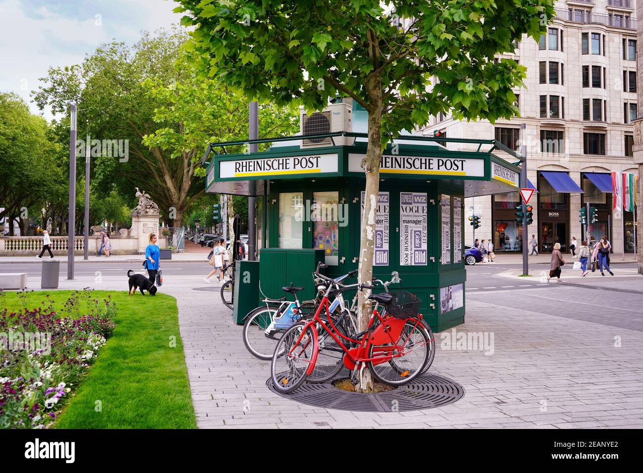 Typical German newsstand (kiosk) at Corneliusplatz in downtown Düsseldorf. Stock Photo