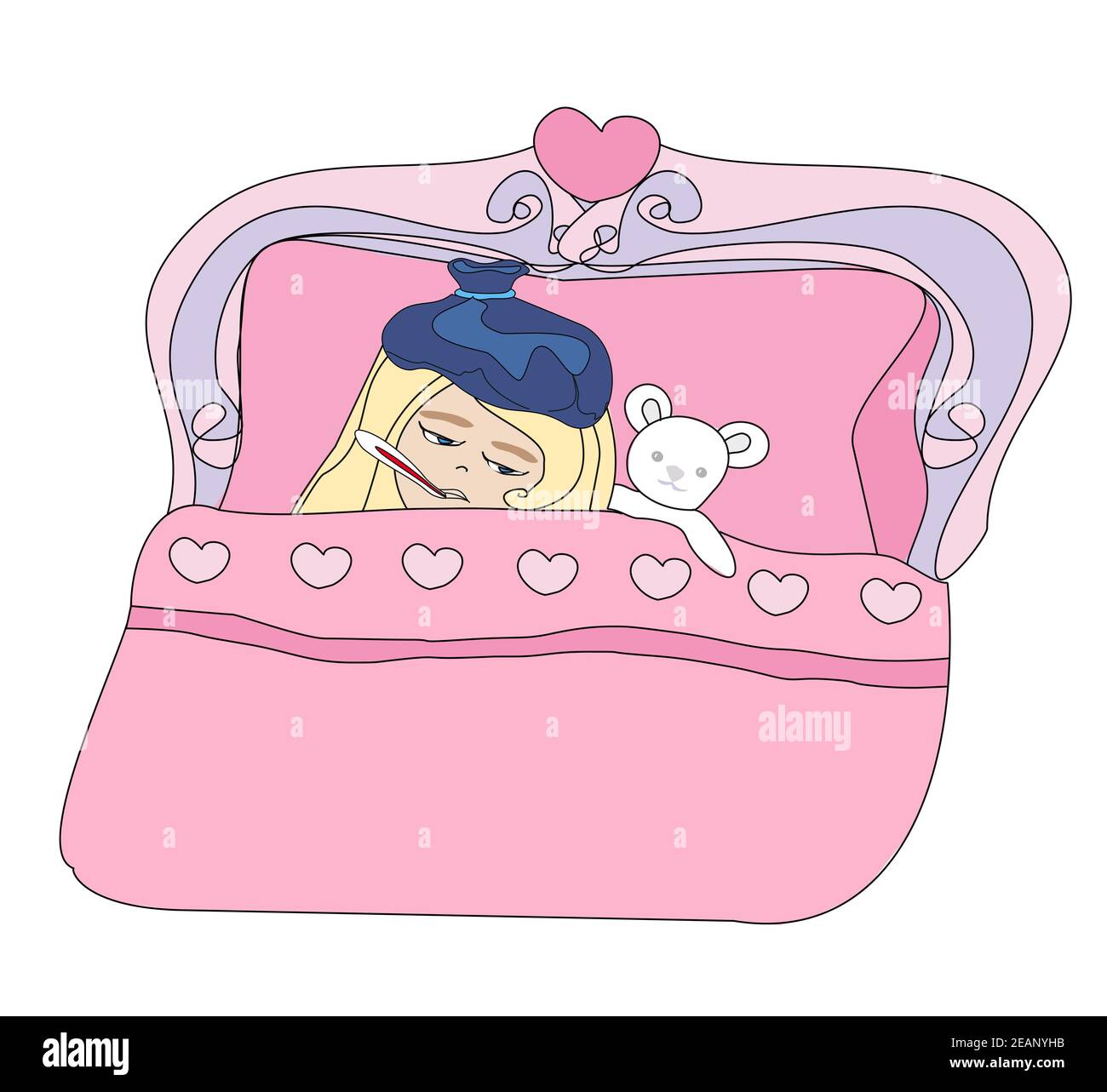Illustration of a Sick Girl lying in bed Stock Photo