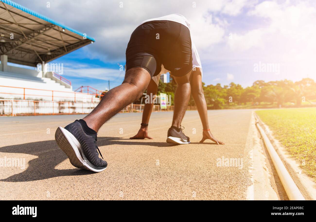 sport runner black man active ready to start running training Stock Photo