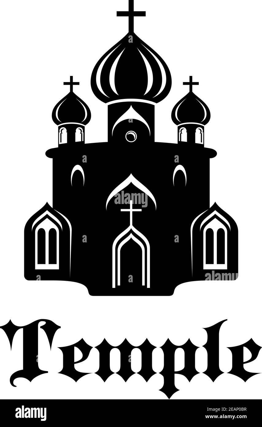 Black and white silhouette of christian temple or church with front facade and  three onion domes for religious and Christianity design Stock Vector