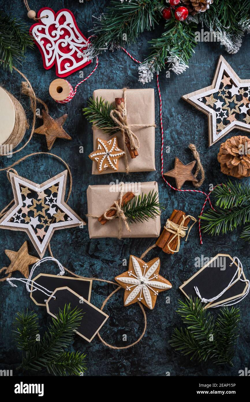 Handmade wrapped christmas gift boxes Stock Photo - Alamy