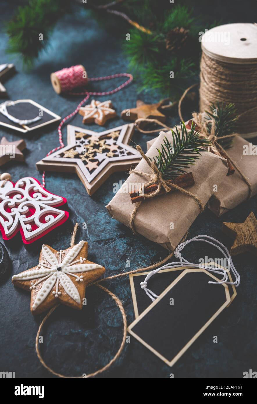 Handmade wrapped christmas gift boxes with decorations and wrapping
