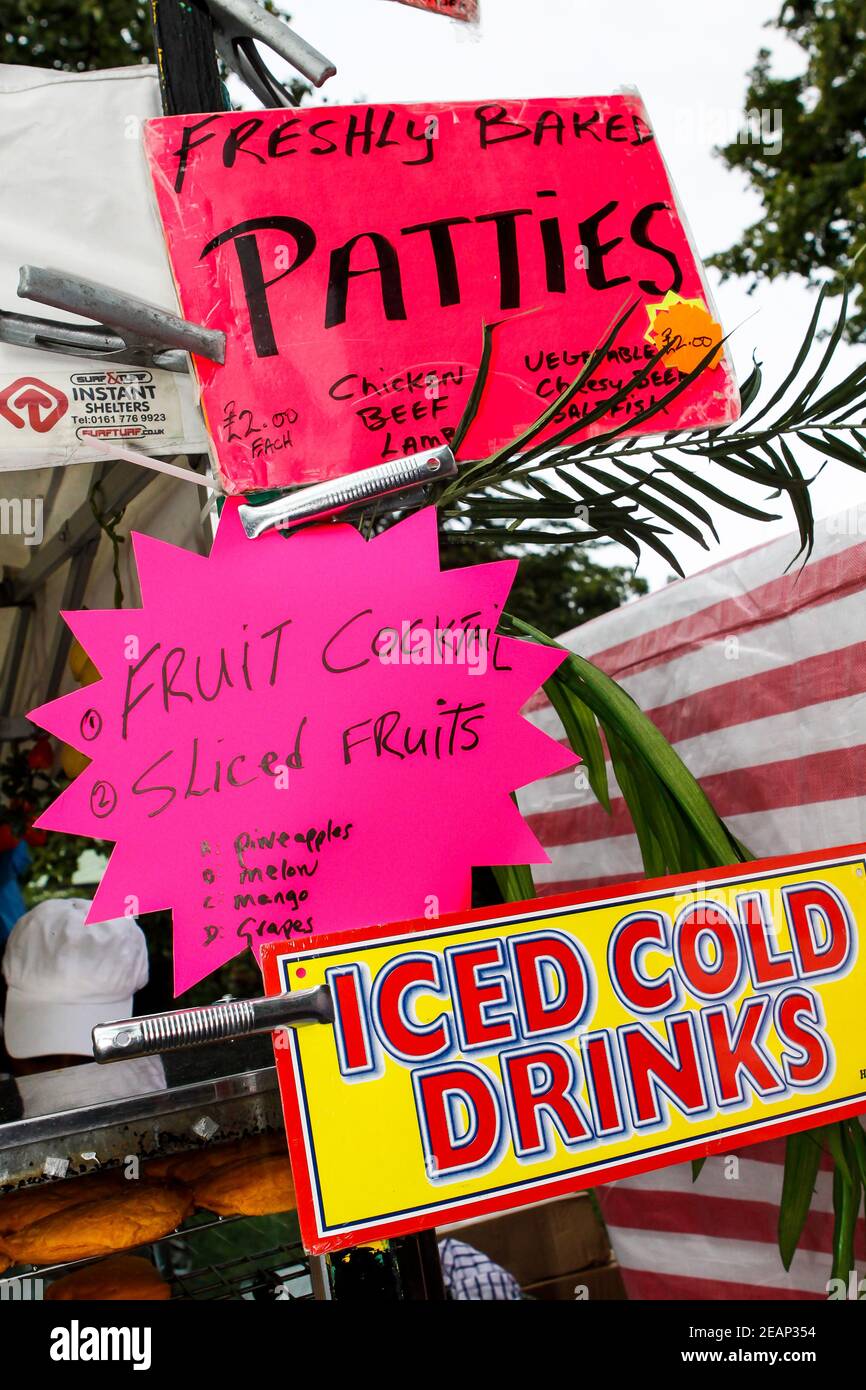 Jamaican patties and ice cold drinks for sale at a food stall